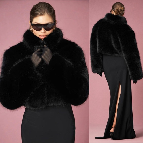 ALO Yoga Opulent Faux Fur Cropped Jacket Black - Picture 2 of 14